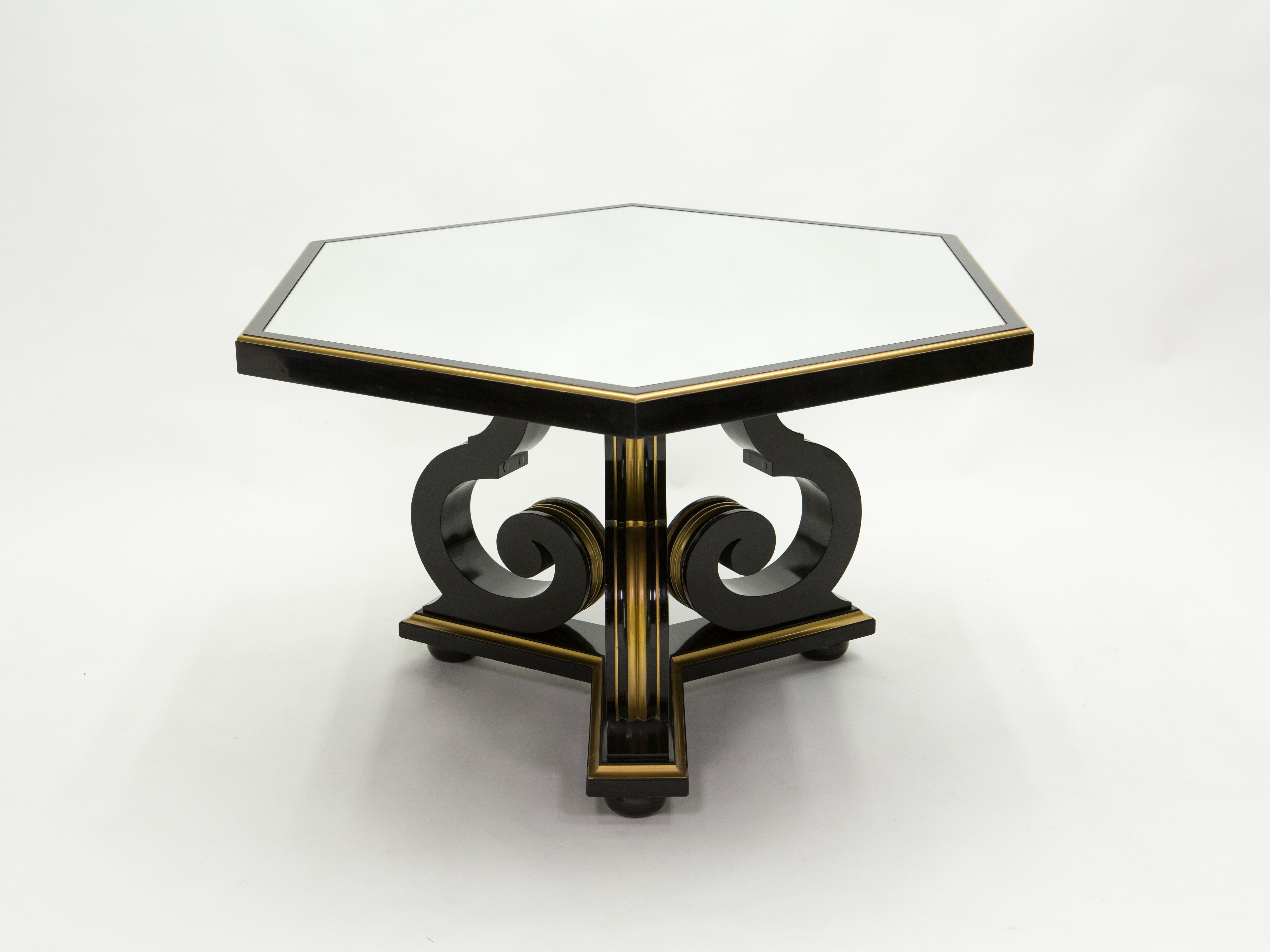Table à manger néoclassique Maurice Hirsch bois noir doré miroir 1970