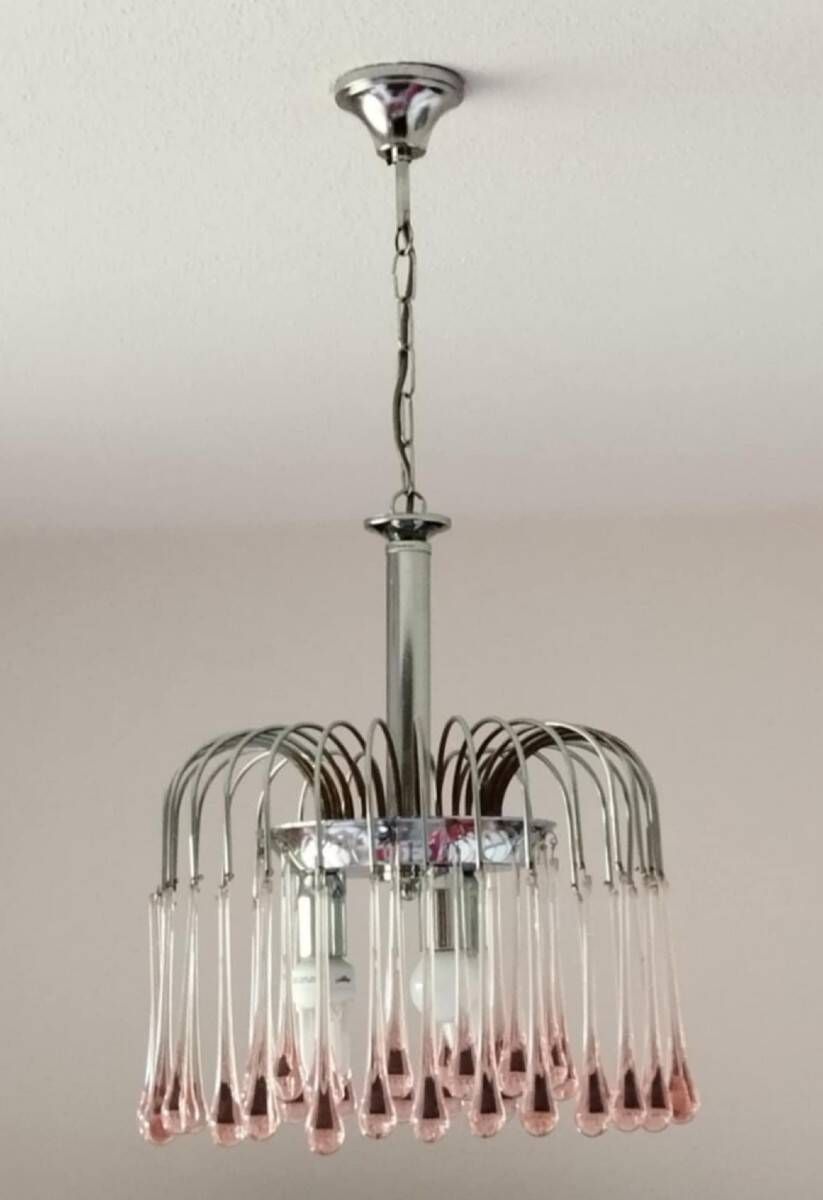 Paolo Venini: Cascade chandelier with pink Murano glass drops.
