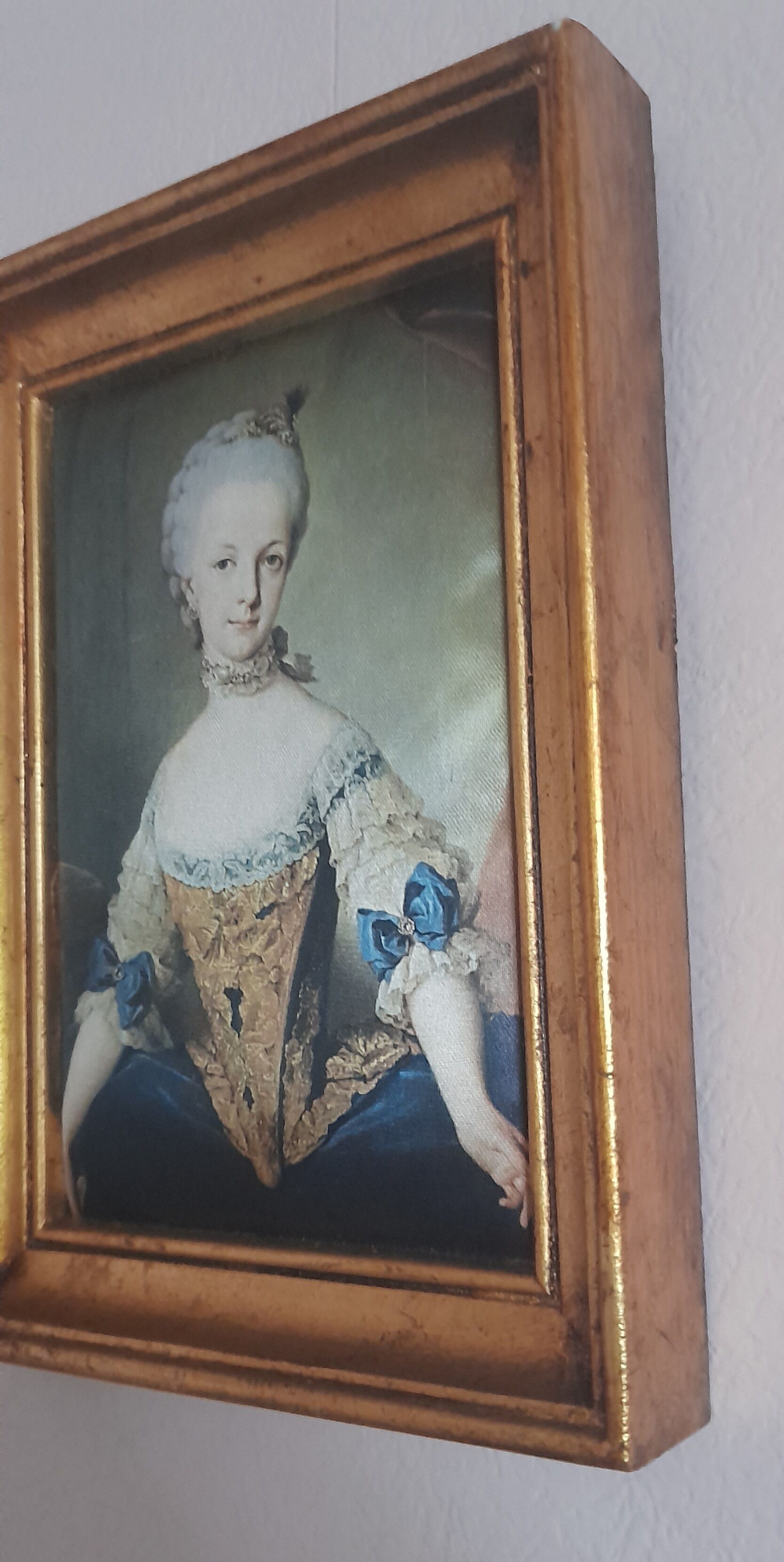 Gilded frame in fine gold, fabric portrait Marie Josephe of Austria, (13 cm x 18 cm)