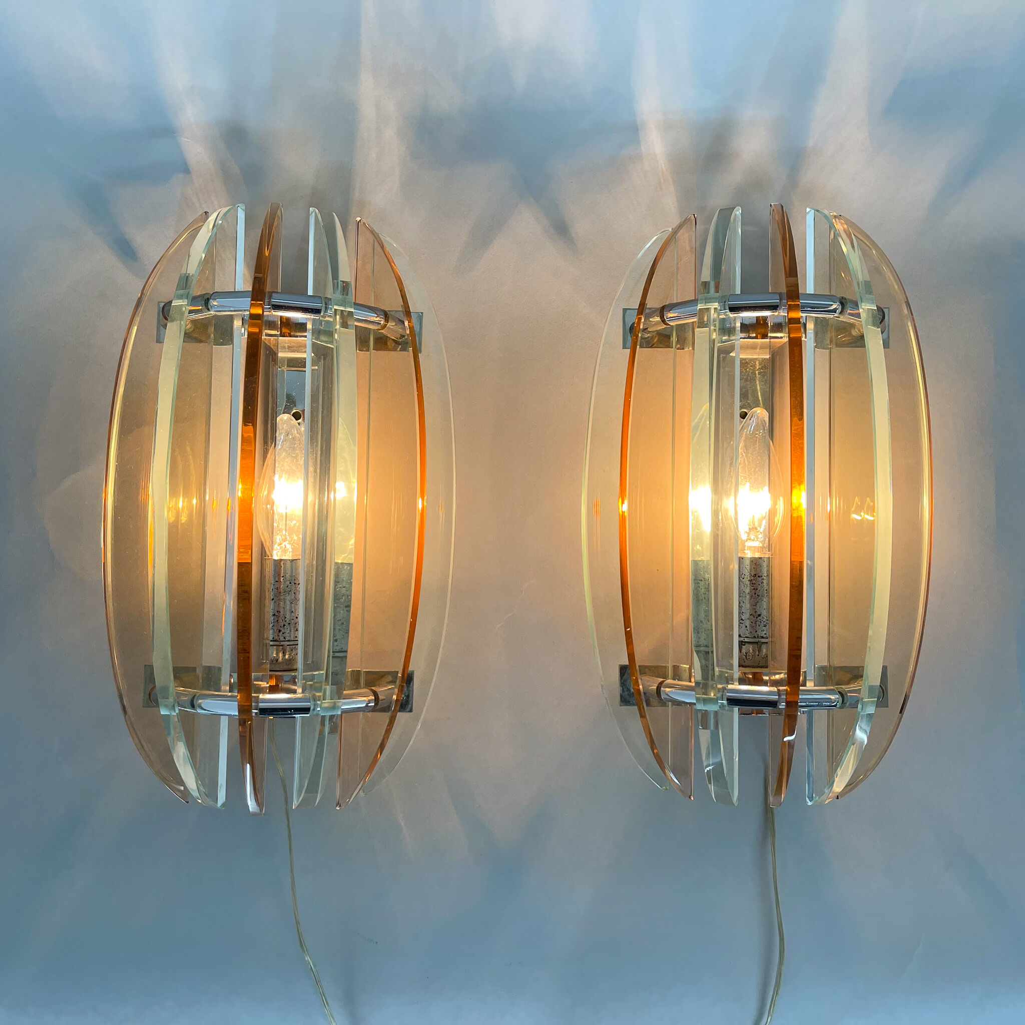 Pair of Italian Murano Glass & Chrome Sconces by Veca, Marked