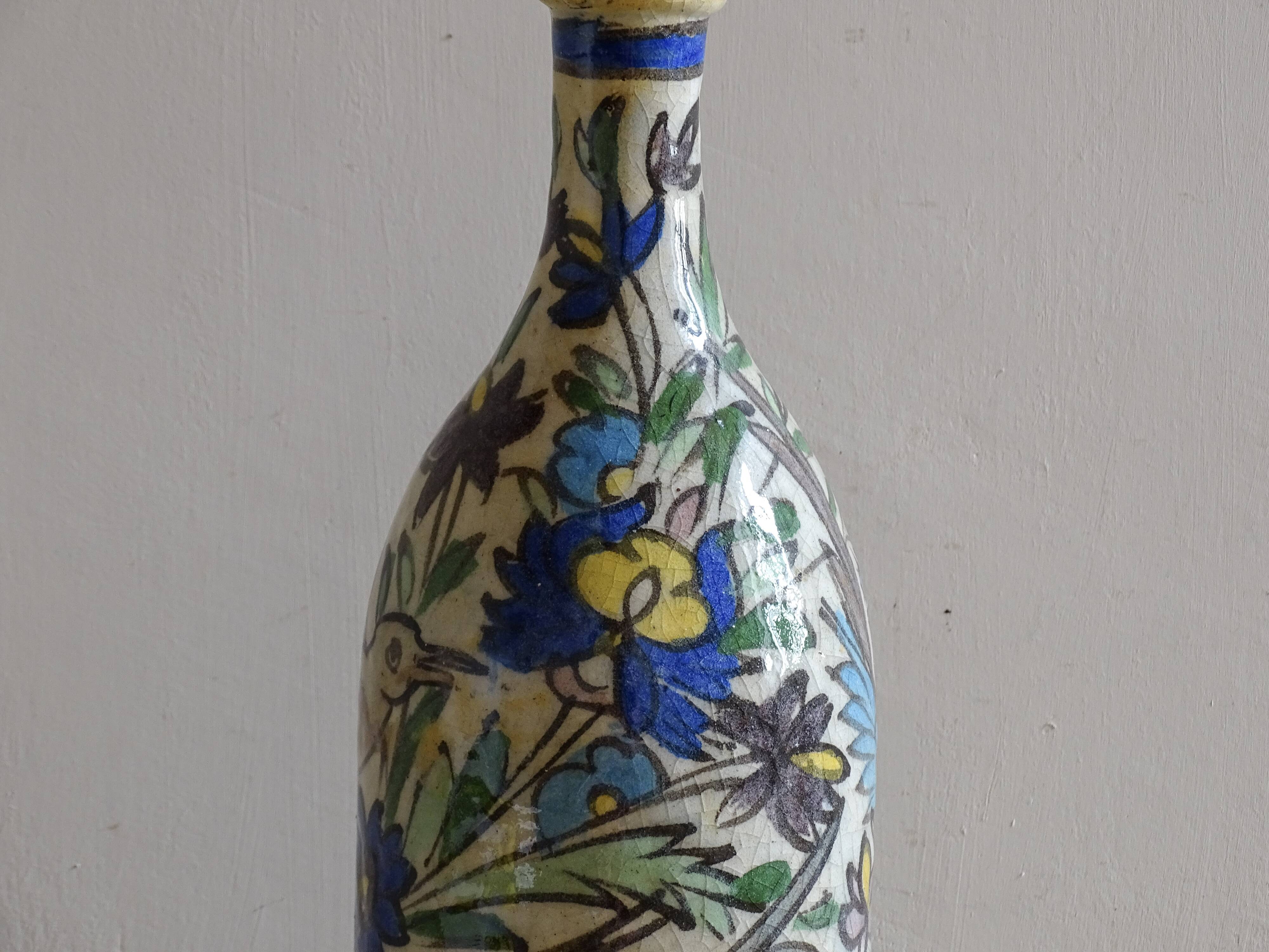 Antique Iznik Style Pottery Bottle with Birds, Ottoman Revival Ceramic Vase