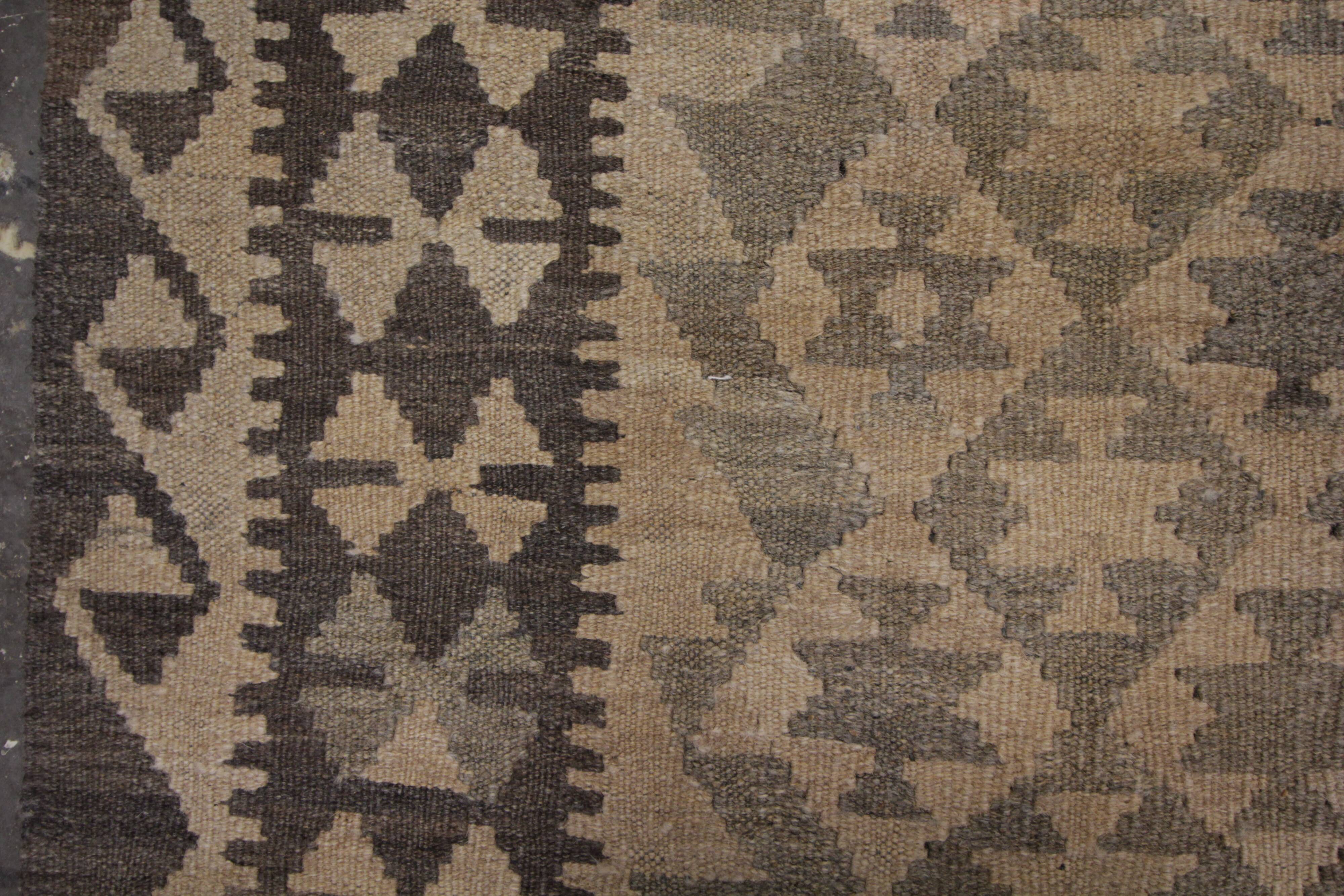 Brown & Khaki Geometric Kilim Rug, Handwoven Wool Carpet 302 x 239 cm