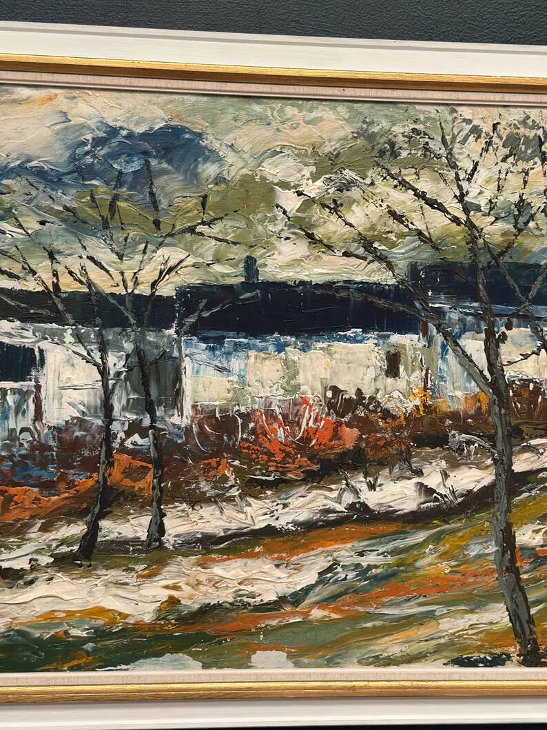 Large Original Swedish Oil on Panel – “Landscape with Houses and Trees” by Stig Hallblom – Signed – Vintage & Framed 90×59.5cm (35.4"×23.4")