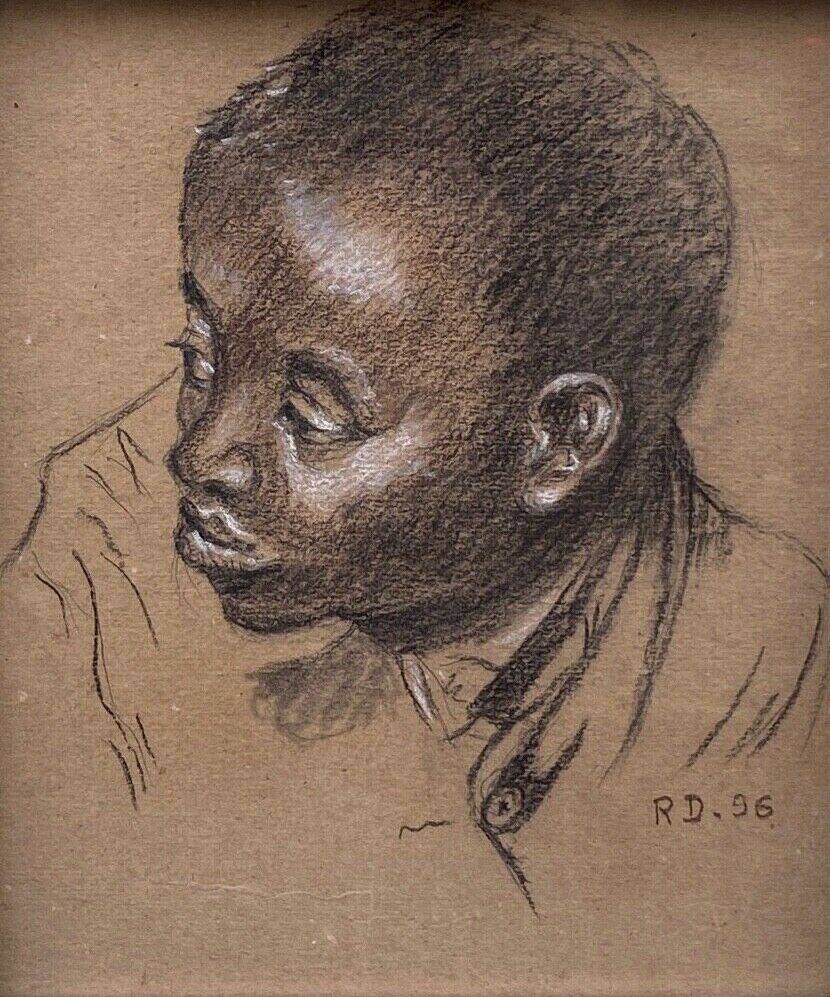 Old painting portrait of black boy in charcoal wooden frame signed RD 96