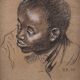 Tableau ancien portrait de garçon noir au fusain cadre en bois signé RD 96