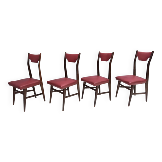 Ensemble de quatre chaises de salle à manger vintage en hêtre noirci et skaï cramoisi, Italie
