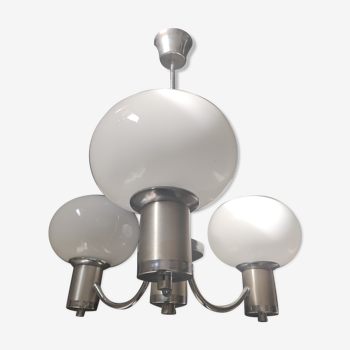 Chandelier brushed aluminum chromed metal opaline globes from Sciolari