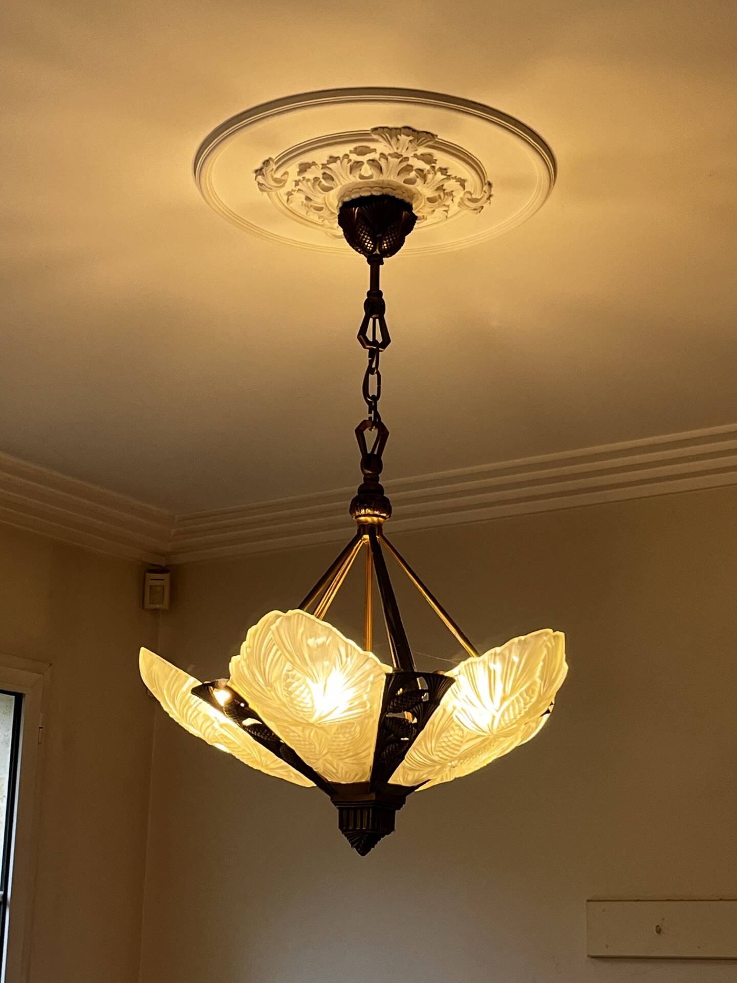 Opaline and brass chandelier