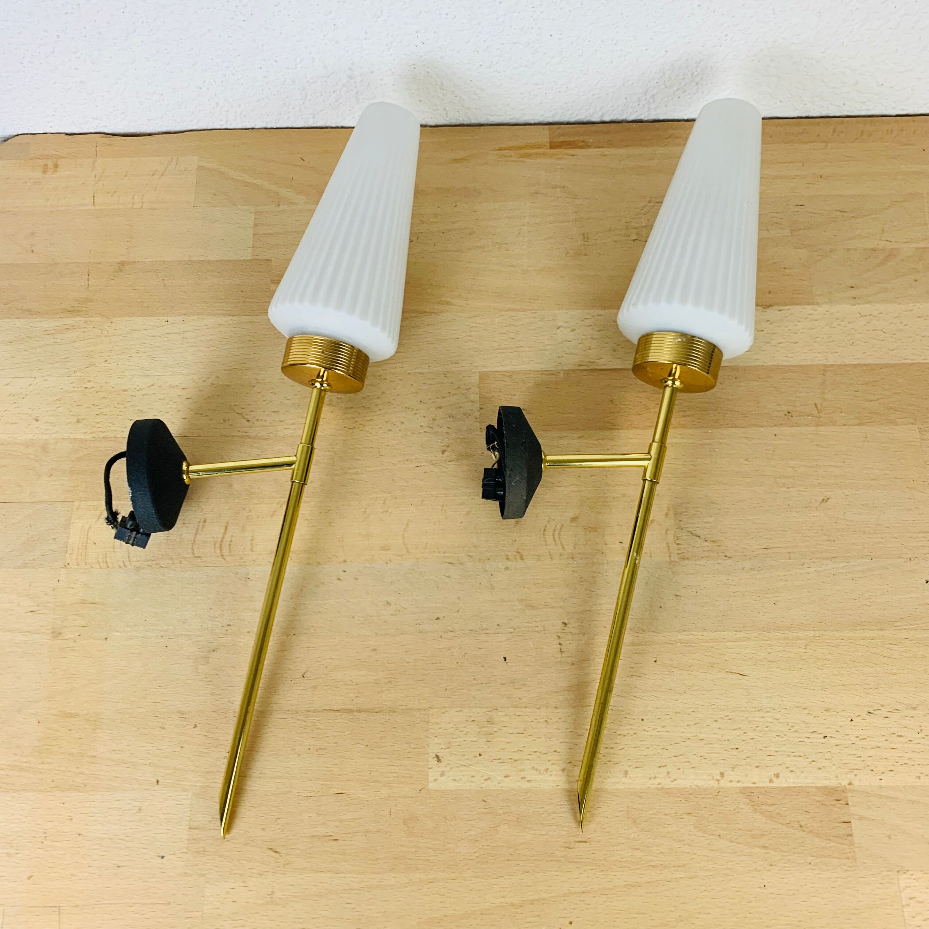 Pair of brass and opaline Lunel sconces, Arlus 50s