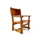 Antique French Handmade Brutalist Oak & Cognac Leather Castle Chair, 1920s.