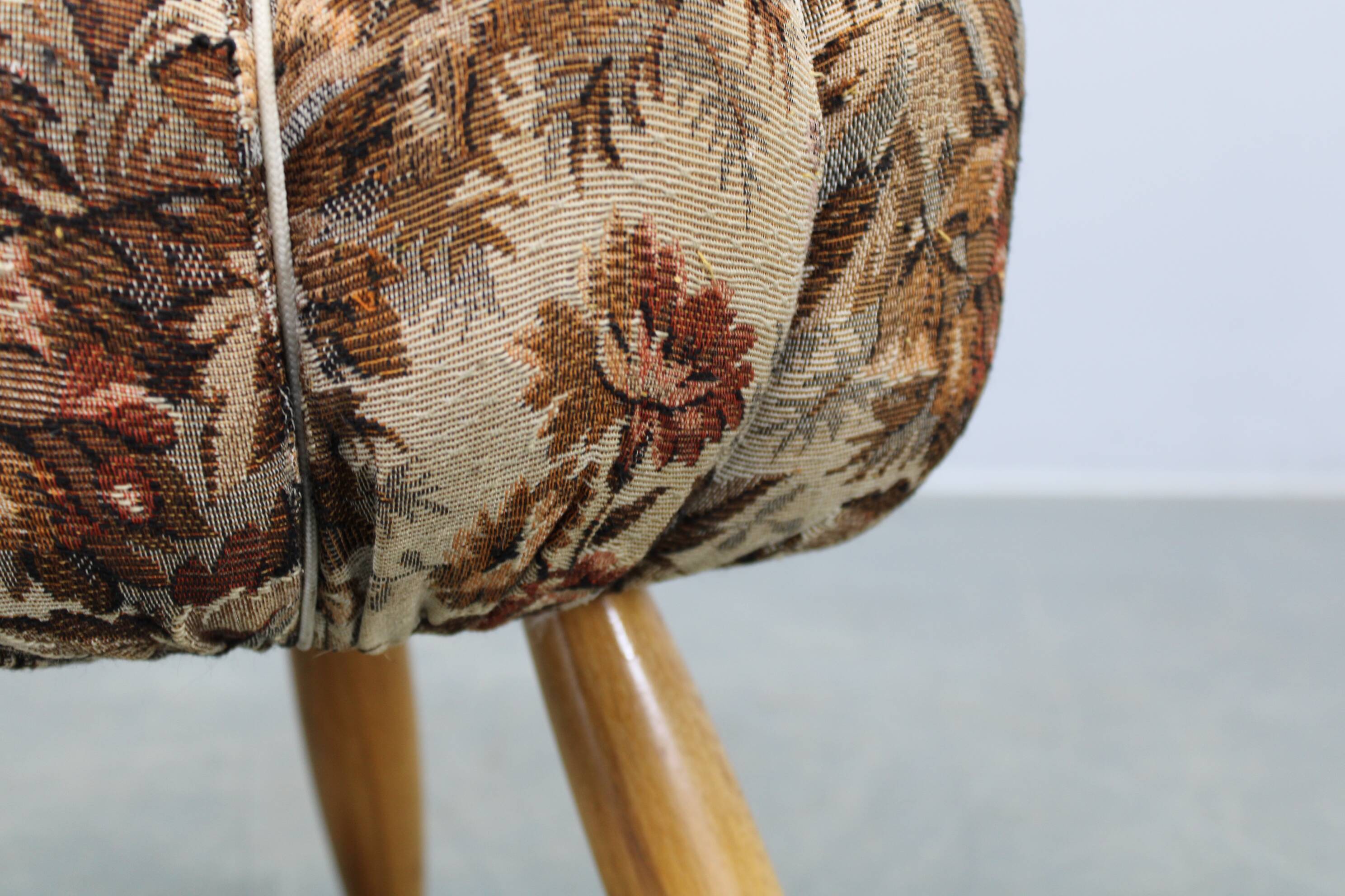 Mid-century Czech upholstered stool, beech wood, 1950s