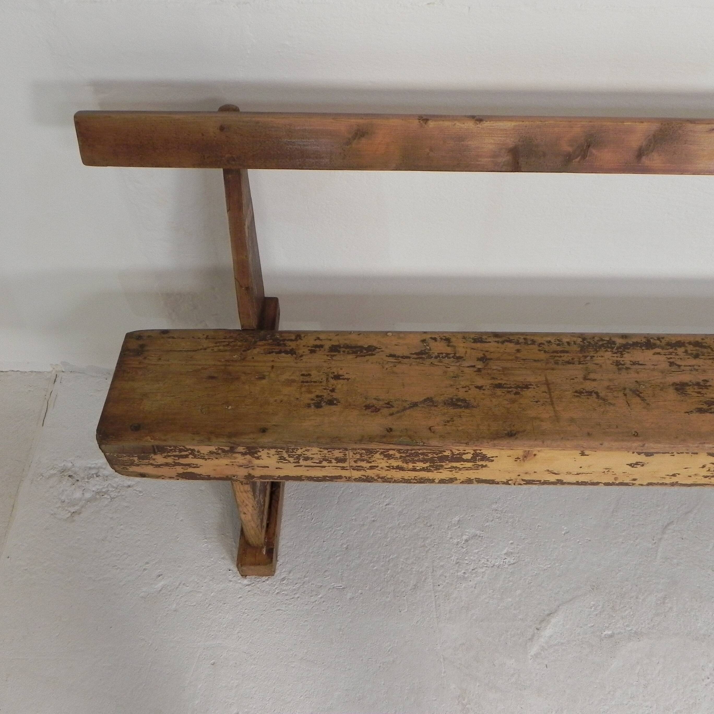 Pine bench with backrest, 2.5 metres long, 1950s.