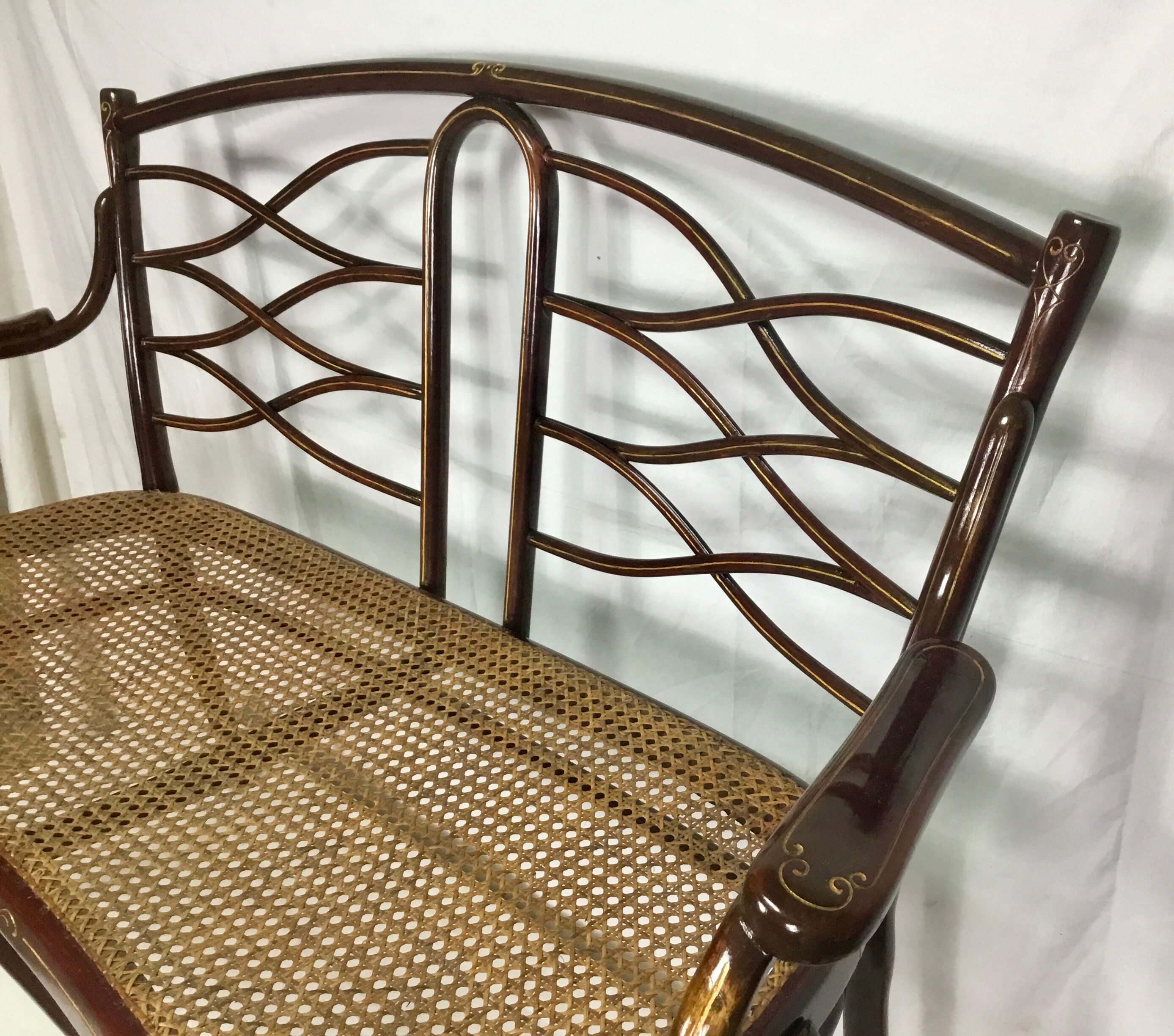 Turned wooden bench with caning by Thonet, Austria