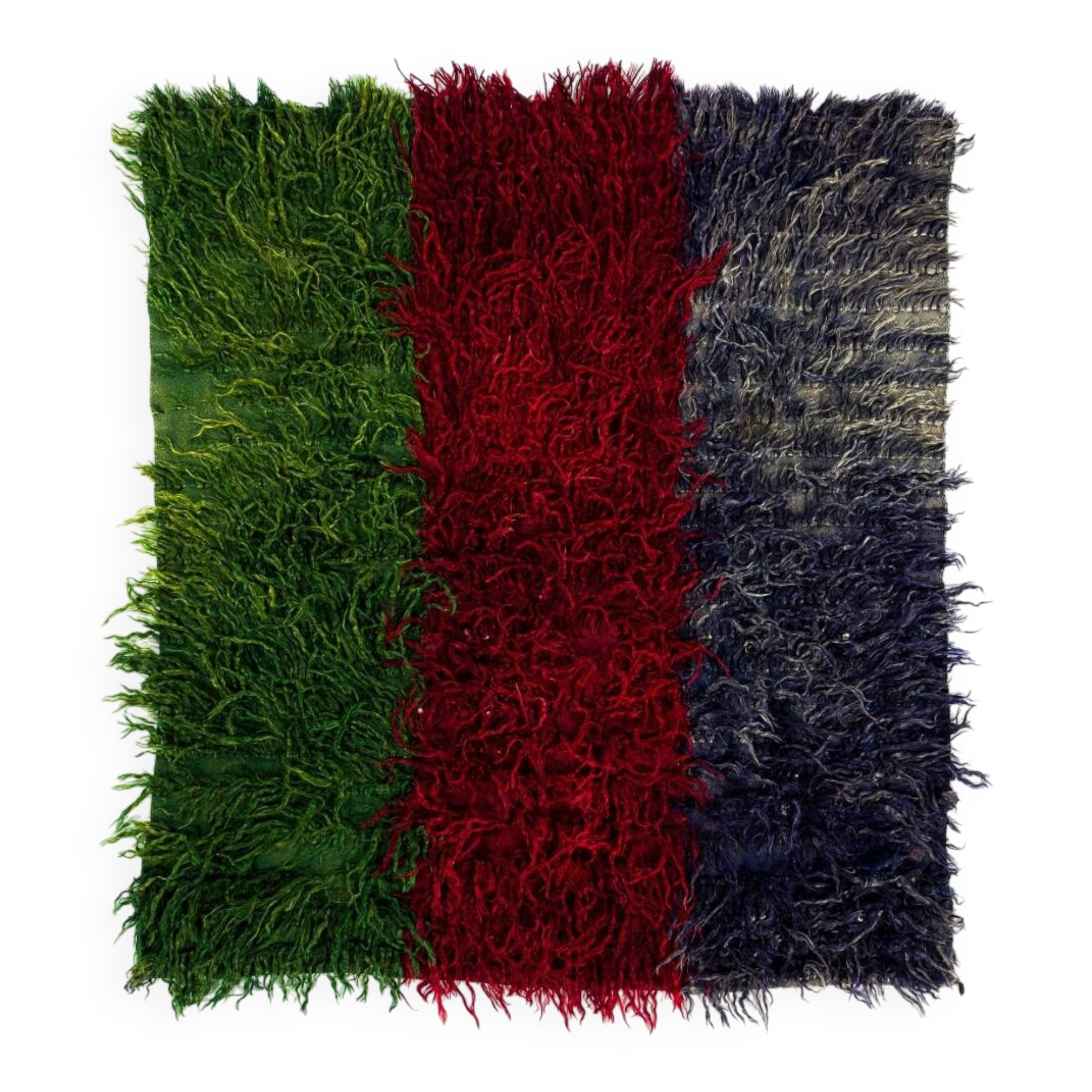 Vintage Hand-Knotted Tulu Rug with Green, Red and Navy Blue Color. 100% Mohair Wool