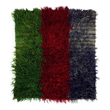 Vintage Hand-Knotted Tulu Rug with Green, Red and Navy Blue Color. 100% Mohair Wool