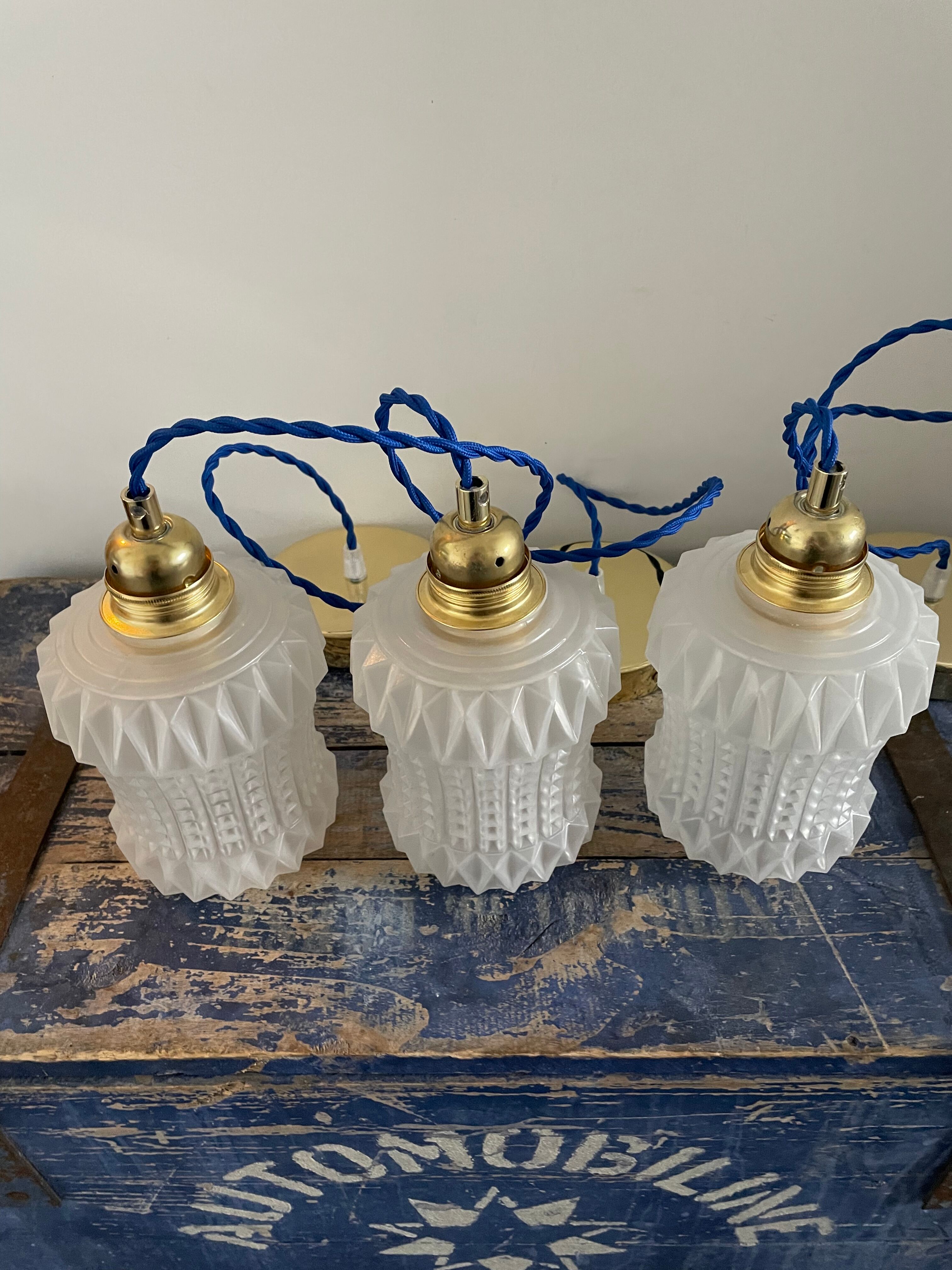 Set of three vintage electrified white glass pendant lamps with new