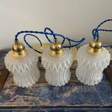 Set of three vintage electrified white glass pendant lamps with new