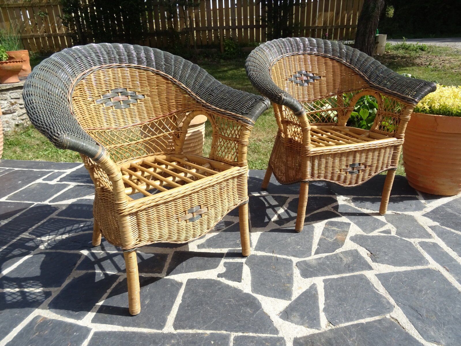 Vintage rattan lounge: one bench, two armchairs