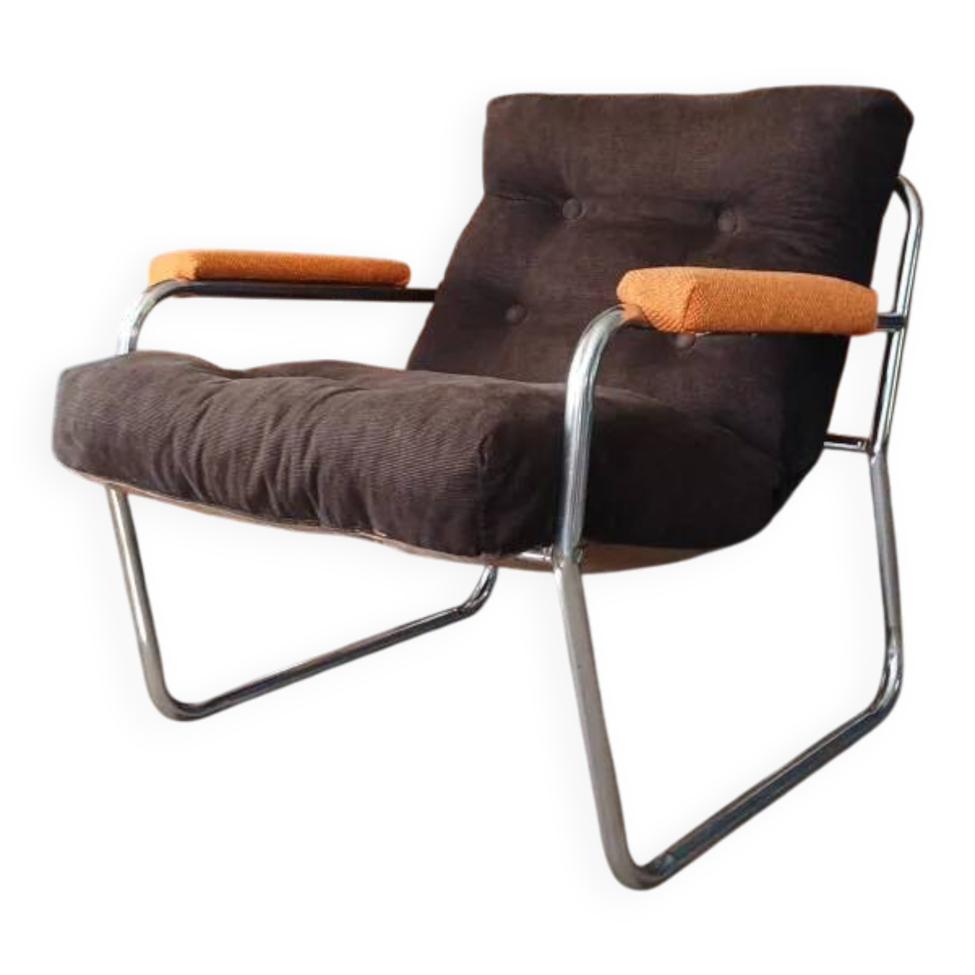 Fauteuil lounge style G.Lundgren pour Ikea, velours & tubes chromés 1970