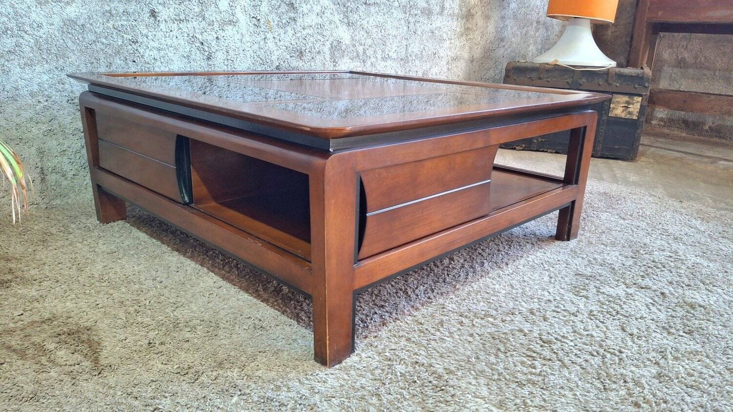 Table basse carrée bois massif plateau avec verre noir 100x100 cm