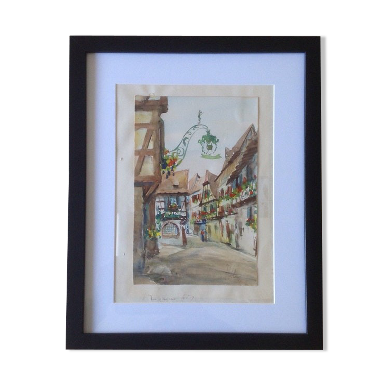 Watercolor by Alfred Doll representing "a street of Riquewihr" - 30 x 37cm