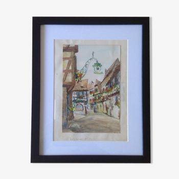 Aquarelle de Alfred Doll représentant "une rue de Riquewihr" - 30 x 37cm