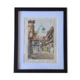 Watercolor by Alfred Doll representing "a street of Riquewihr" - 30 x 37cm
