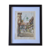 Aquarelle de Alfred Doll représentant "une rue de Riquewihr" - 30 x 37cm