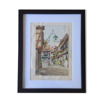 Aquarelle de Alfred Doll représentant "une rue de Riquewihr" - 30 x 37cm