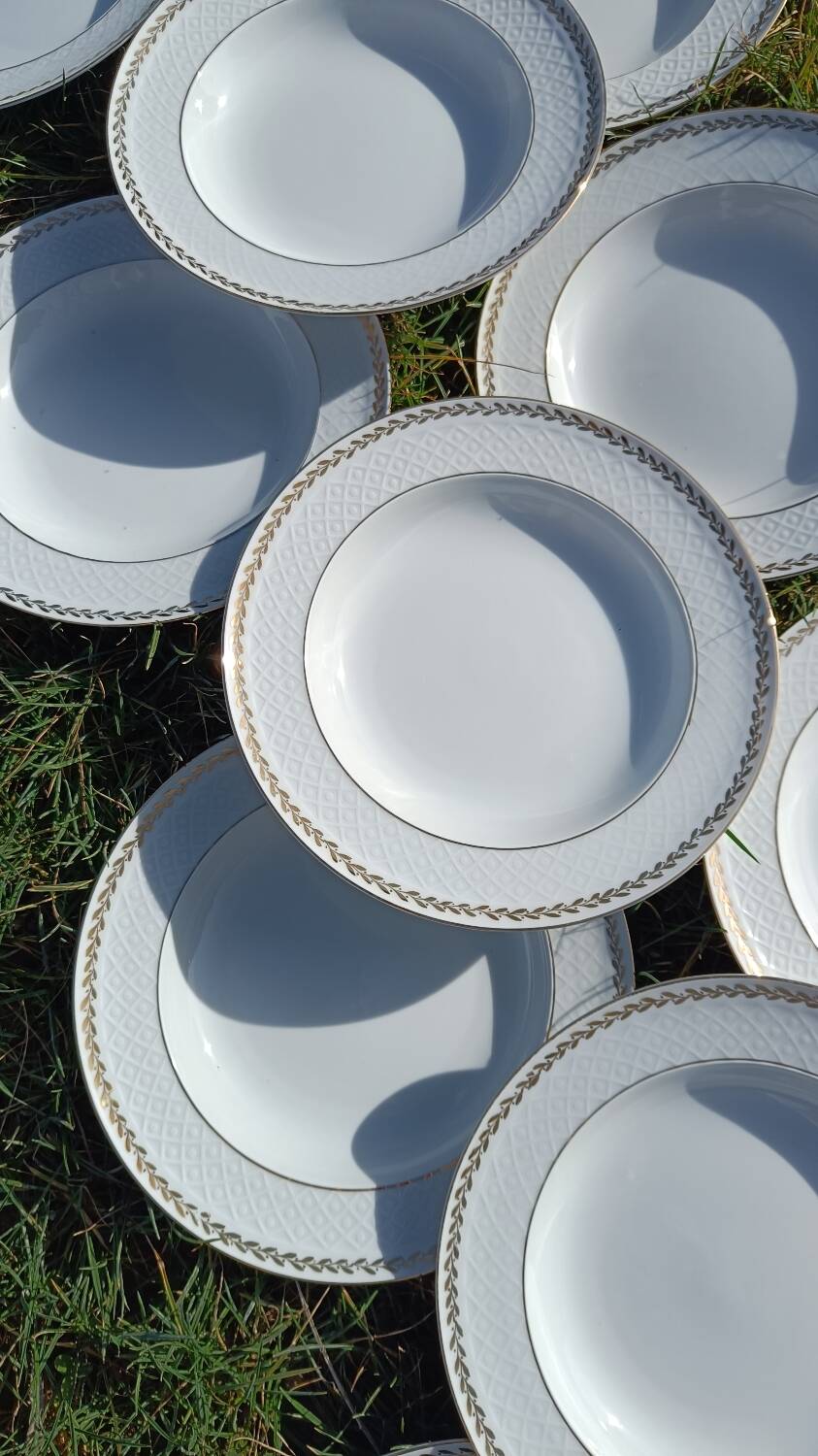 Twelve white porcelain plates