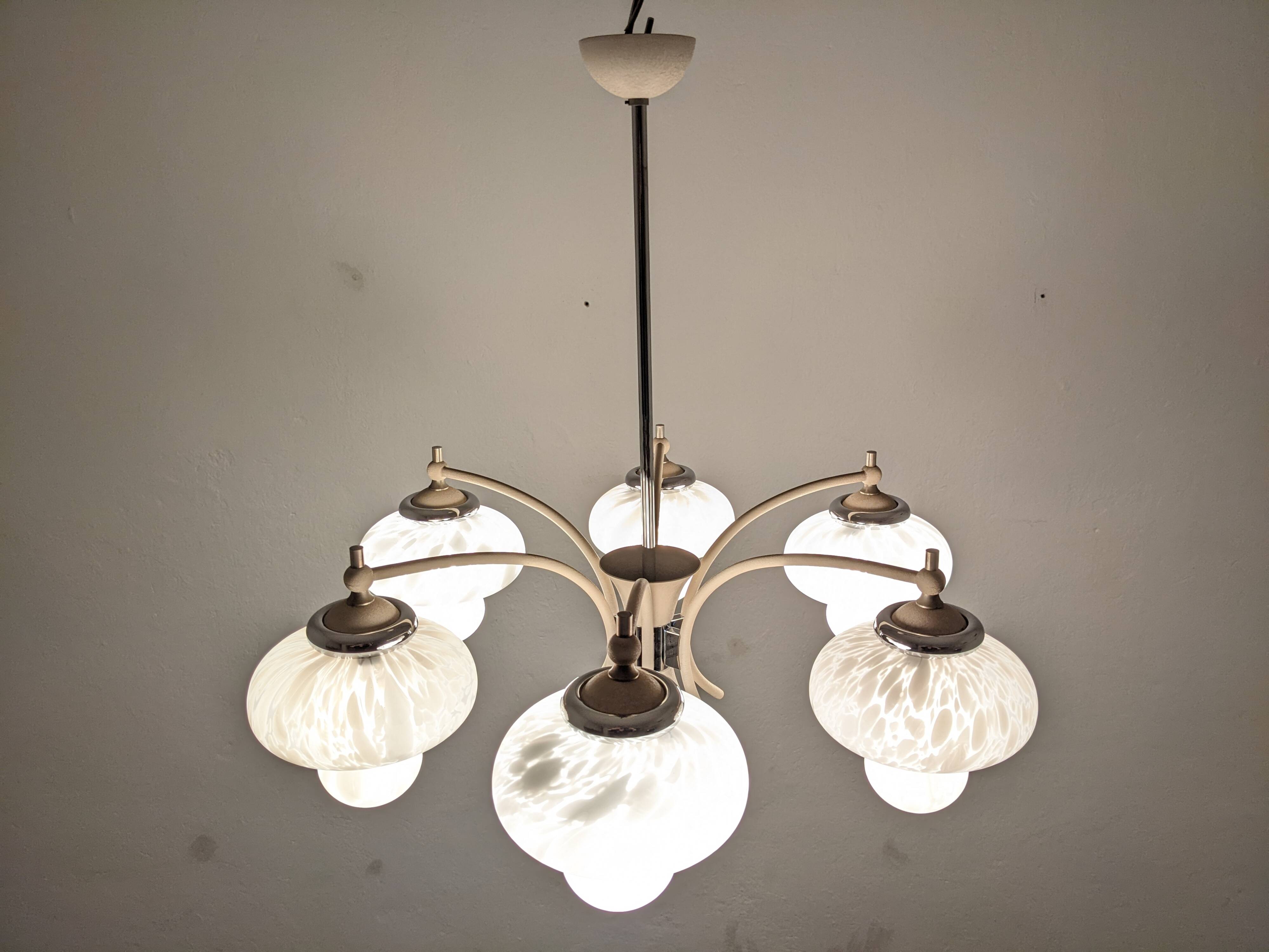 Space Age chandelier with 6 lights in sandblasted glass from the 50s/60s