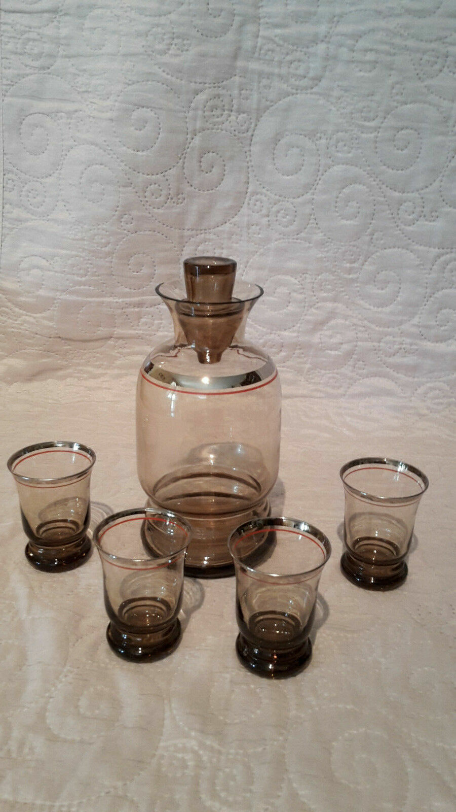 Vintage port service in smoked glass, silver décor with orange fillet