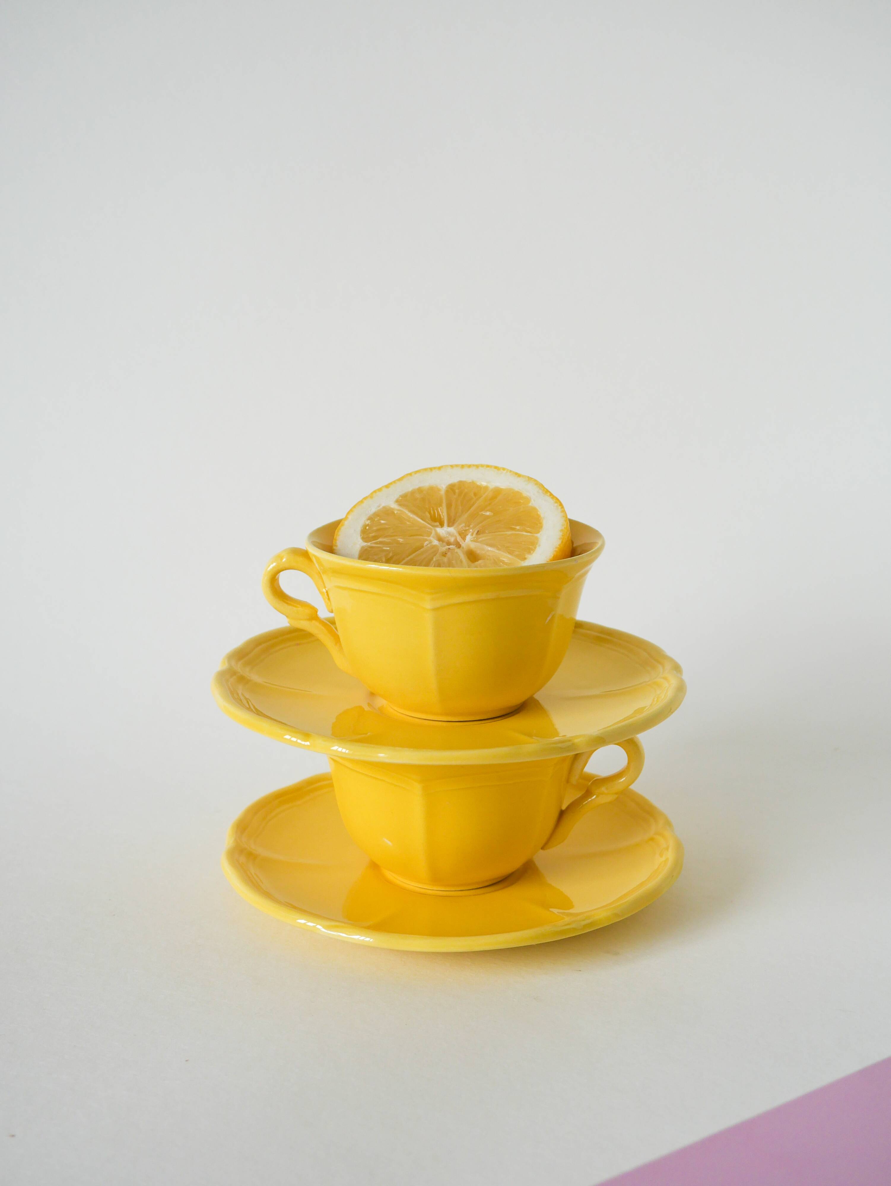 Set of 5 Badonviller lemon yellow cups and saucers, 1960
