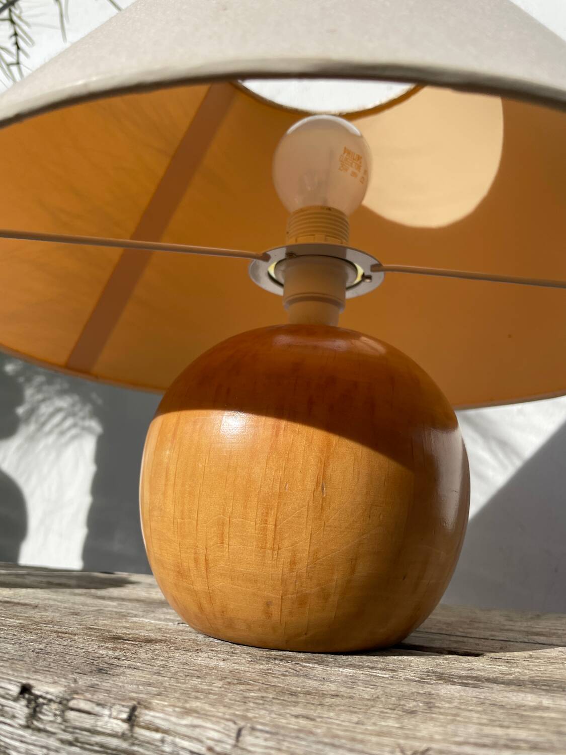 Wooden ball lamp with beige lampshade, 1980