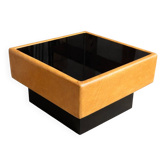Table basse vintage en cuir et verre noir – années 70