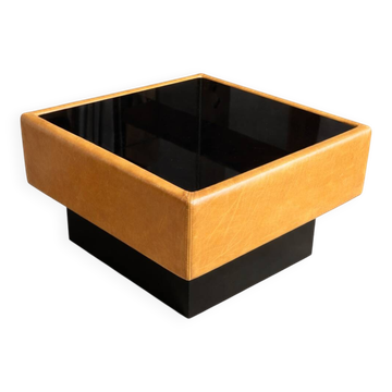 Table basse vintage en cuir et verre noir – années 70