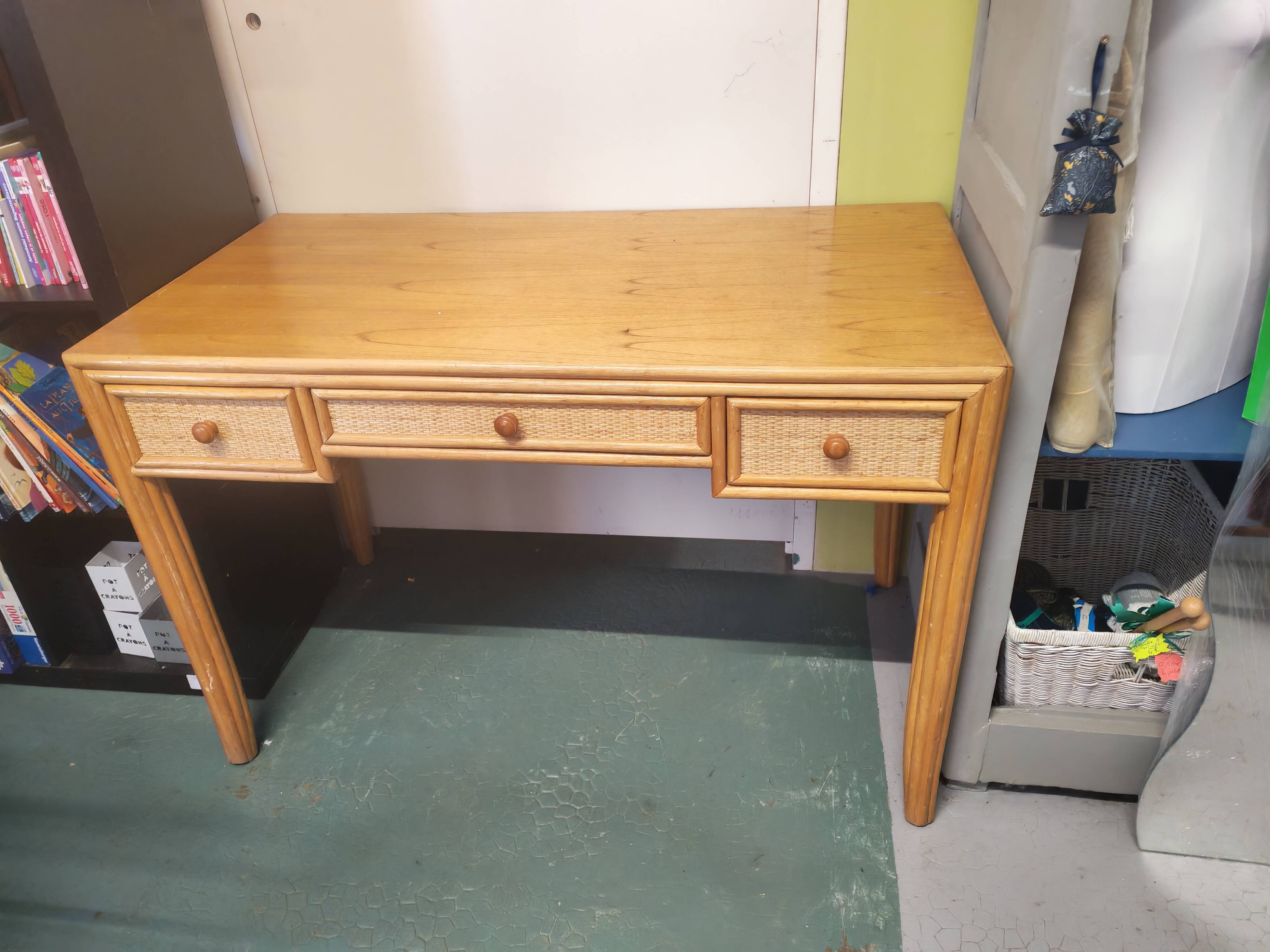 Rattan and varnished pine desk