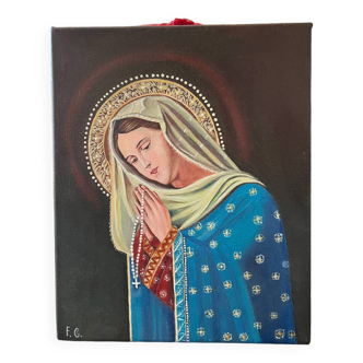Peinture acrylique « Vierge Marie en prière » signée F.G