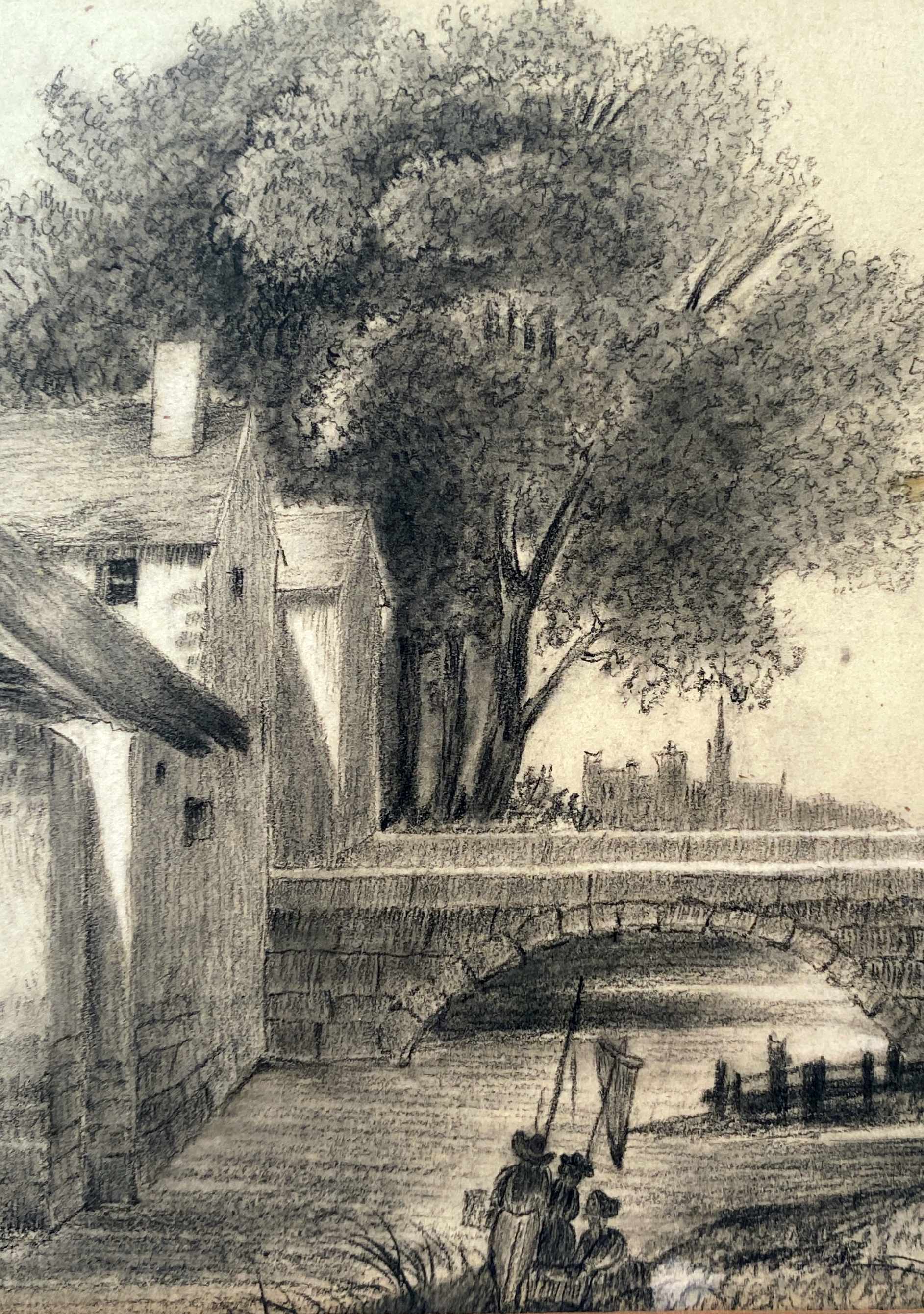 Painting drawing XIX ° Dijon St Benigne fisherman l'Ouche and frame