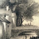 Painting drawing XIX ° Dijon St Benigne fisherman l'Ouche and frame