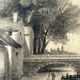 Painting drawing XIX ° Dijon St Benigne fisherman l'Ouche and frame