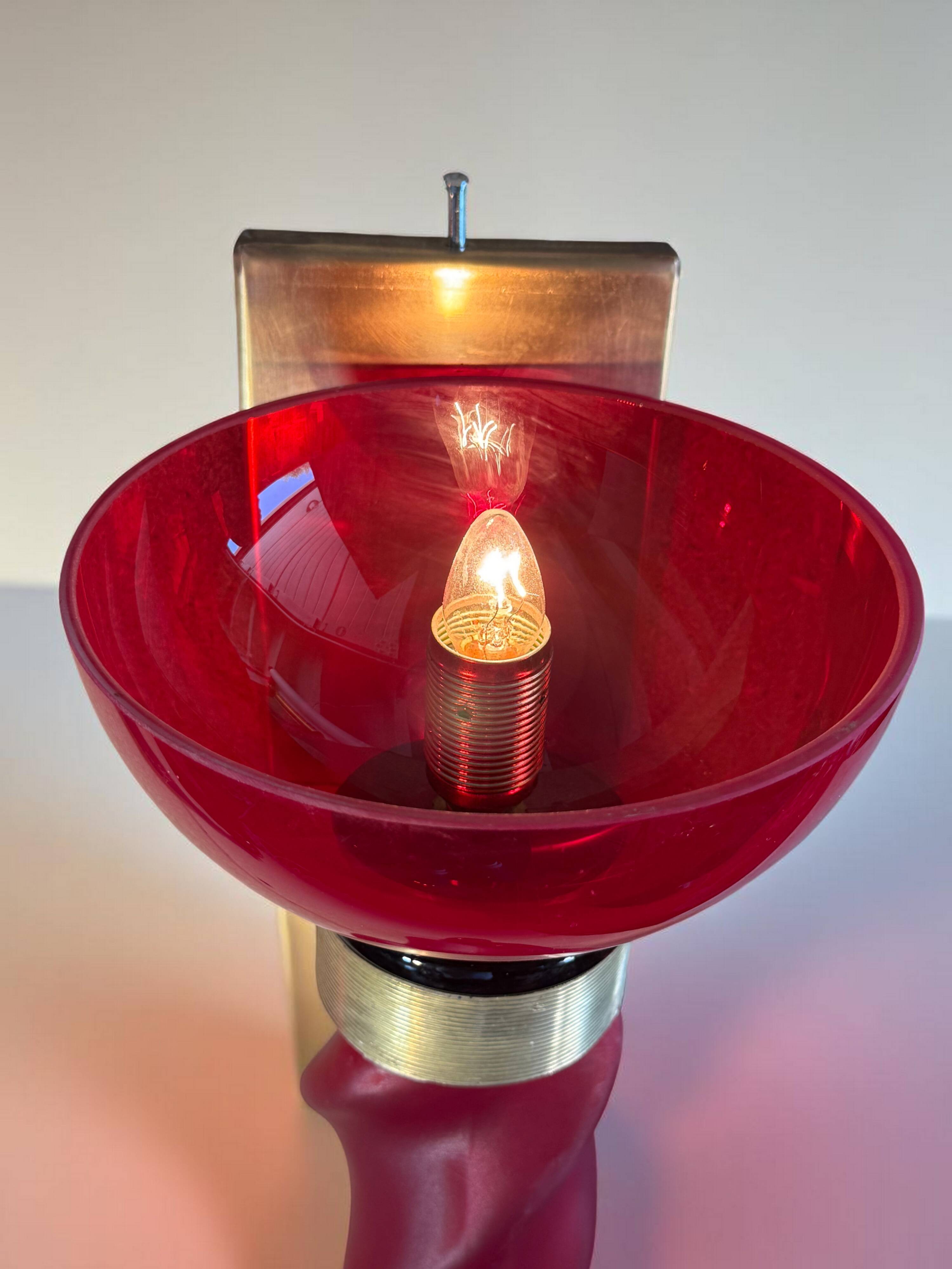 Pair of 62 cm murano torchere wall lights in red tinted glass and brass