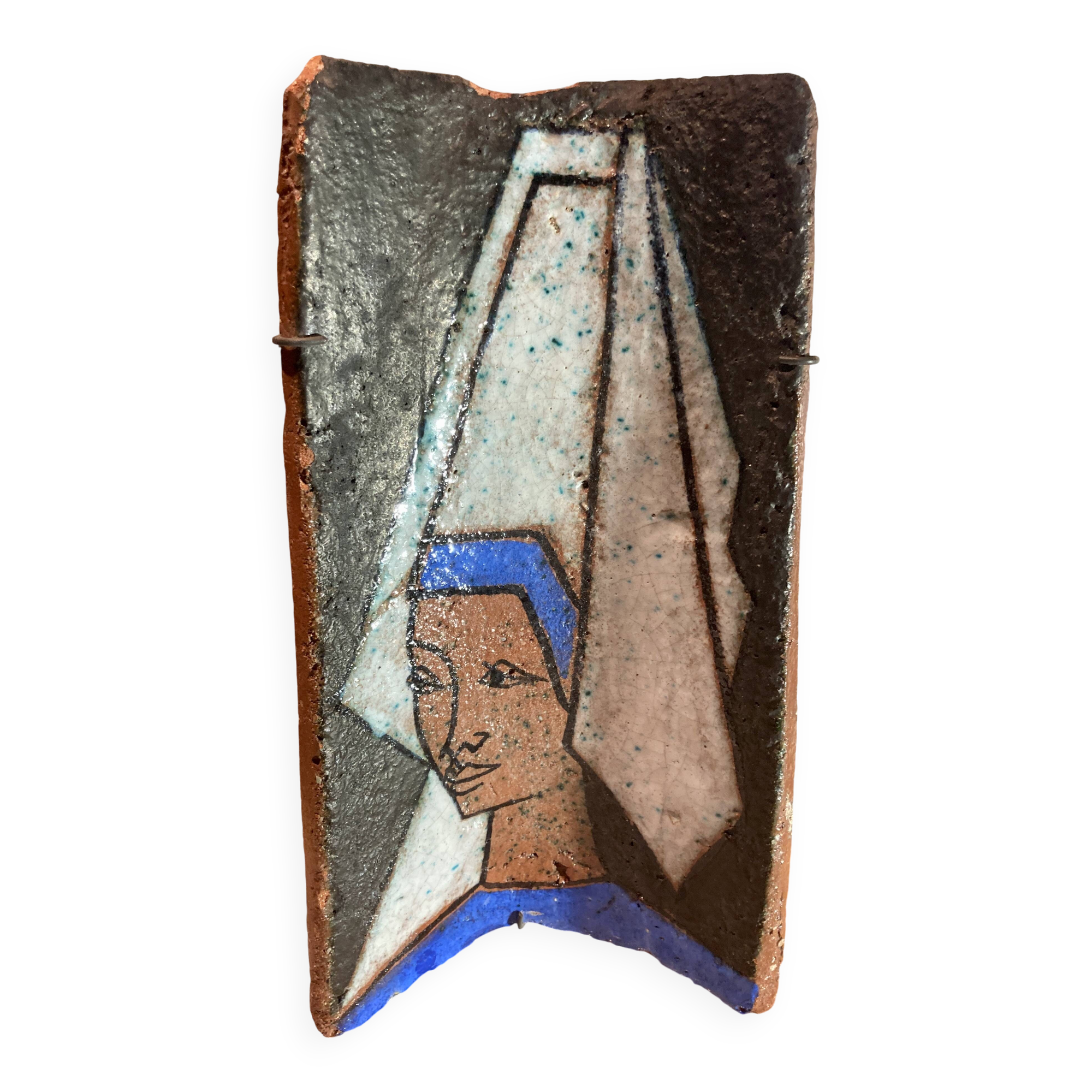 Terracotta tile with enamel decoration of a lady of the high nobility signed OGD