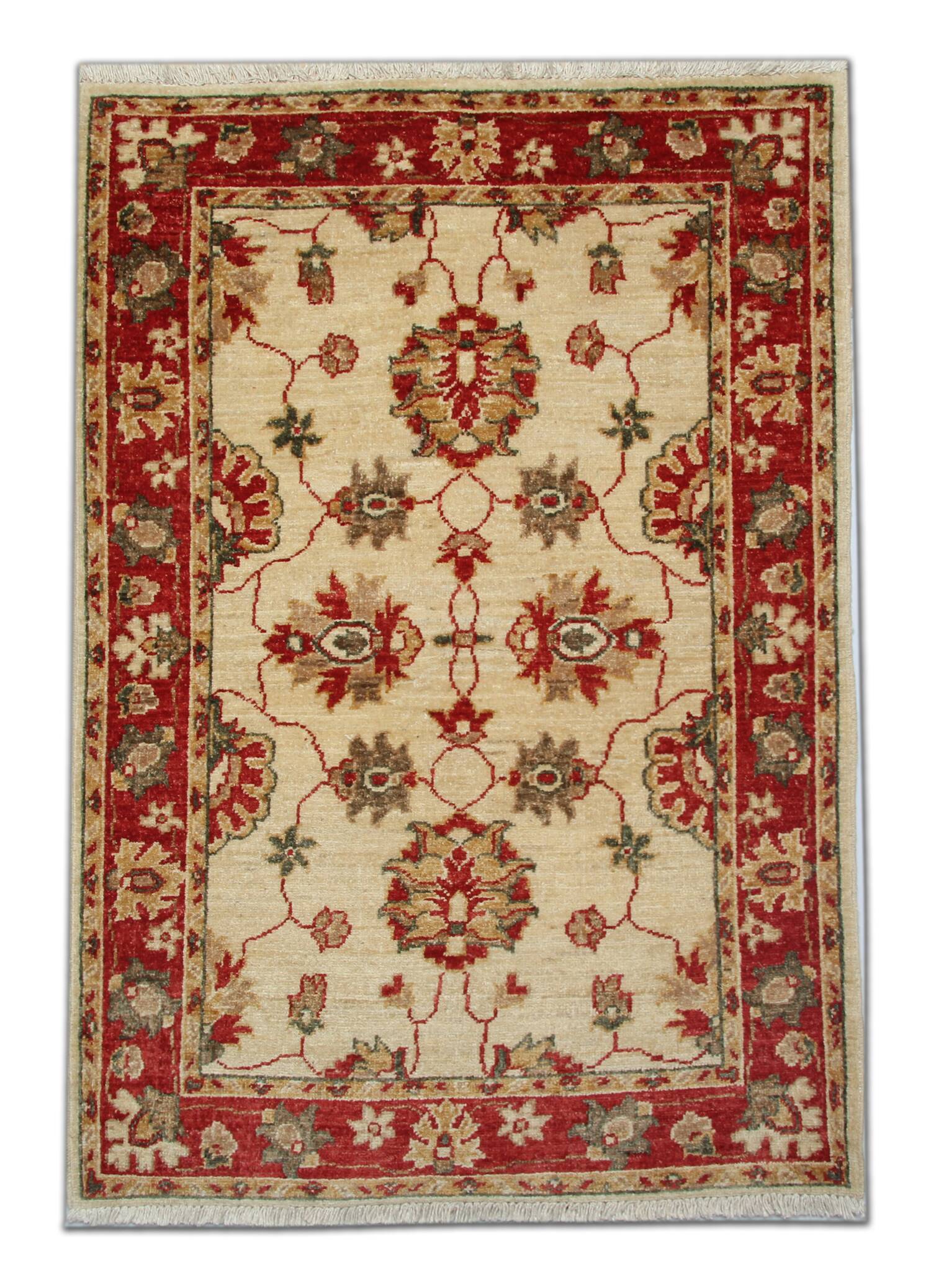 Traditional Cream Wool Rug, Small Red Floral Oriental Carpet 86x123 cm