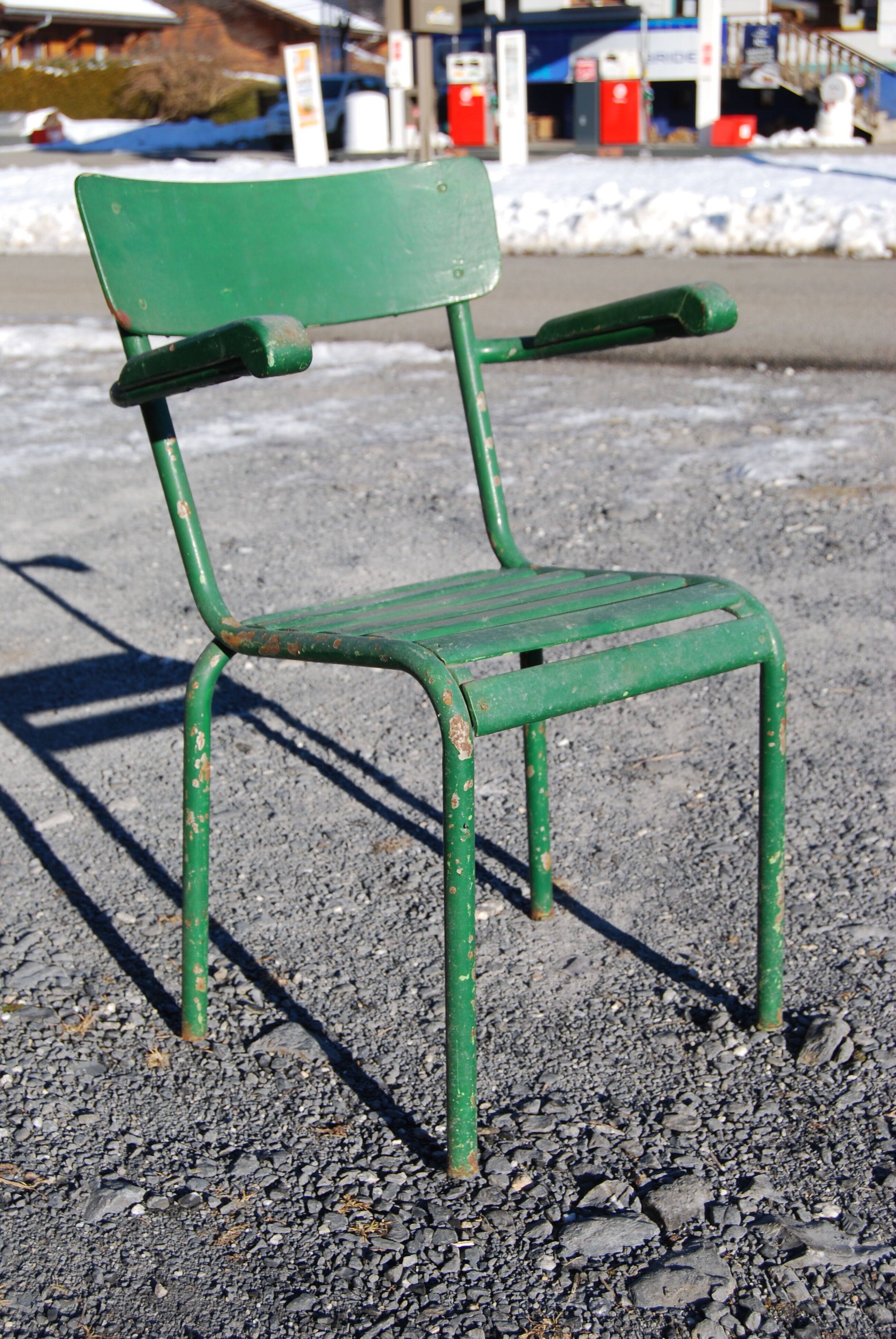 4 stackable garden armchairs wooden slats and metal tubes from the 50s