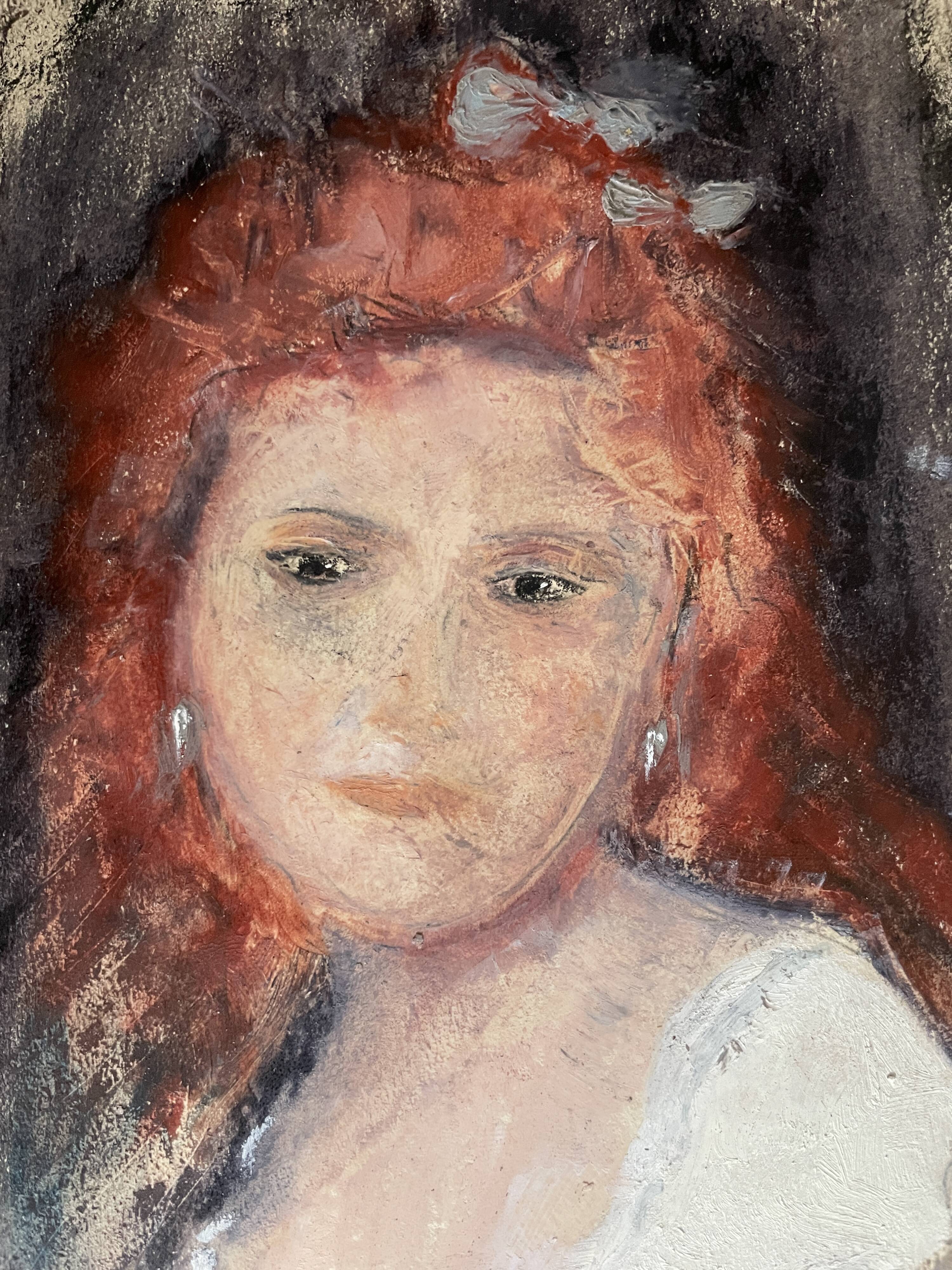Tableau pastel signé portrait femme rousse