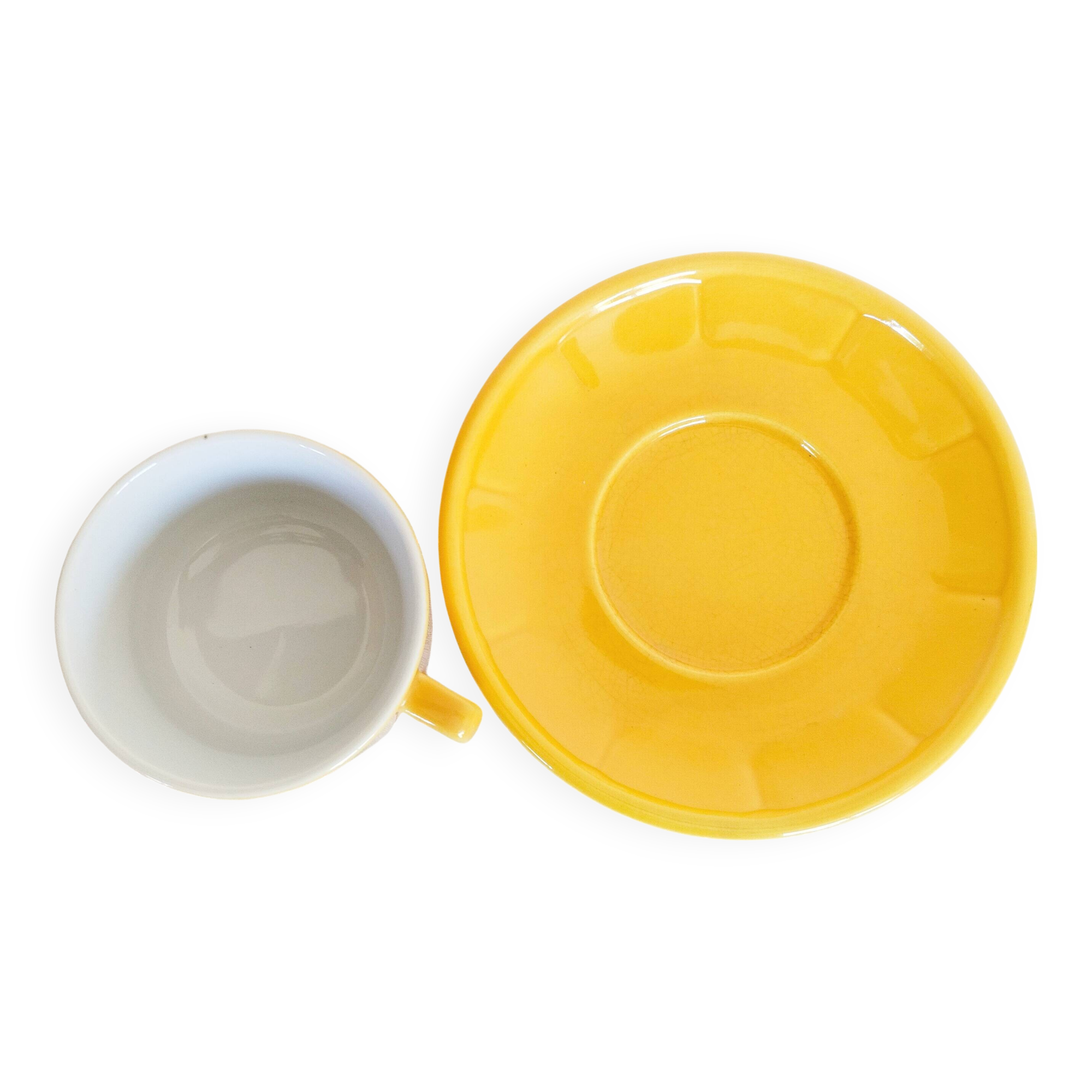 Apilco yellow and white porcelain chocolate cup and saucers