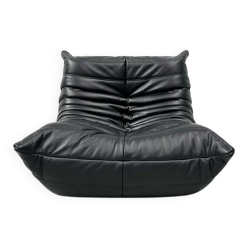 French Togo lounge chair in black leather by Michel Ducaroy for Ligne Roset, 1970s