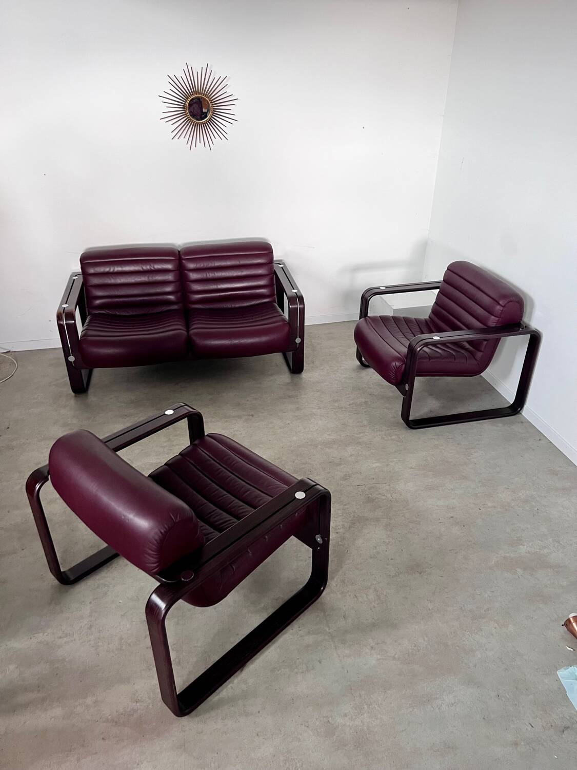 Sofa set and 2 vintage leather armchairs designed by Albert Stoll Giroflex 1970s