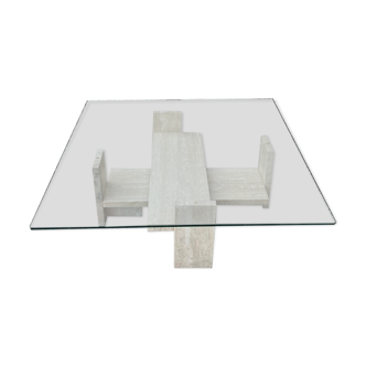 Square coffee table, travertine and glass, Willy Ballez, 1970s
